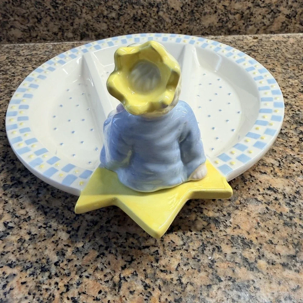 Vintage Mud Pie Prince White Ceramic Sectioned Toddler Plate Boy Figurine Baby